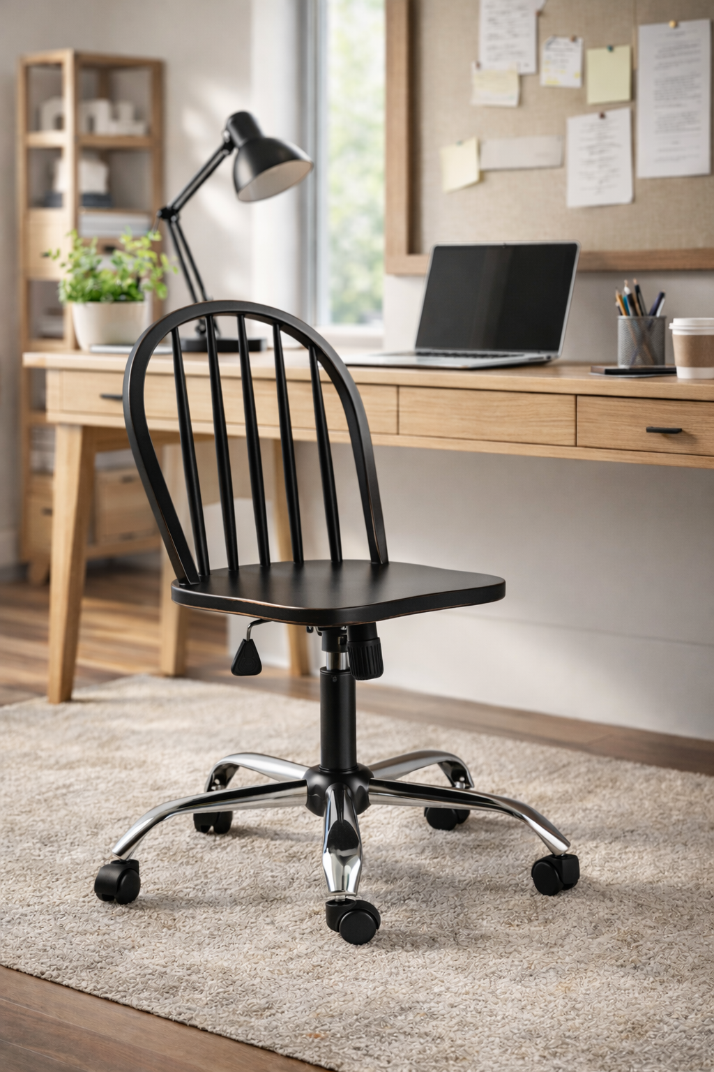 Neige Doğal Ahşap Siyah Renk Eskitme Döner Çalışma Sandalyesi 45x47x100 Cm - Modern & Şık Tasarım