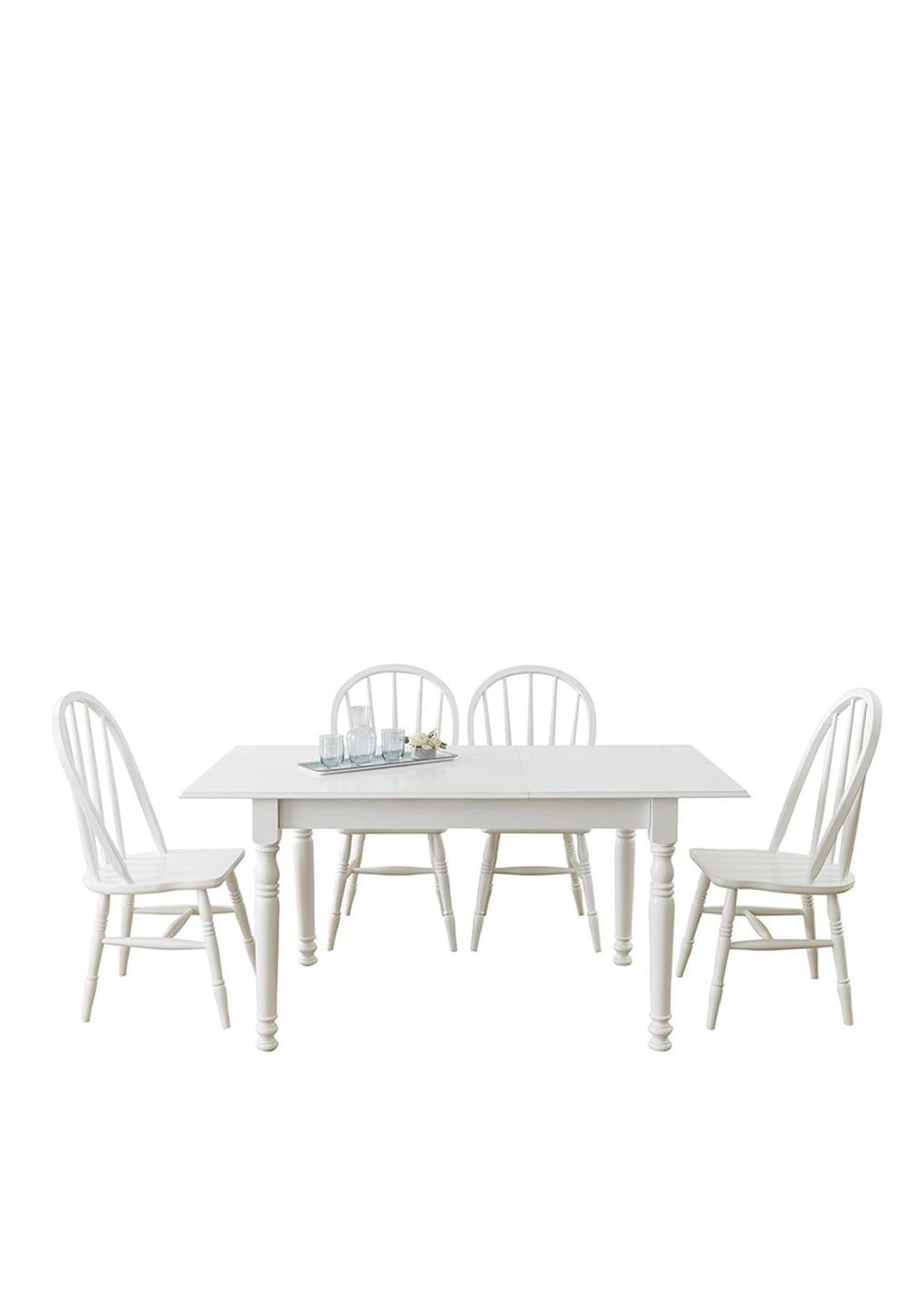 Opera Doğal Ahşap Beyaz Renk Dikdörtgen Açılır Masa Takımı 120x80 cm - 4 Doğal Ahşap Sandalye Modern Şık Tasarım