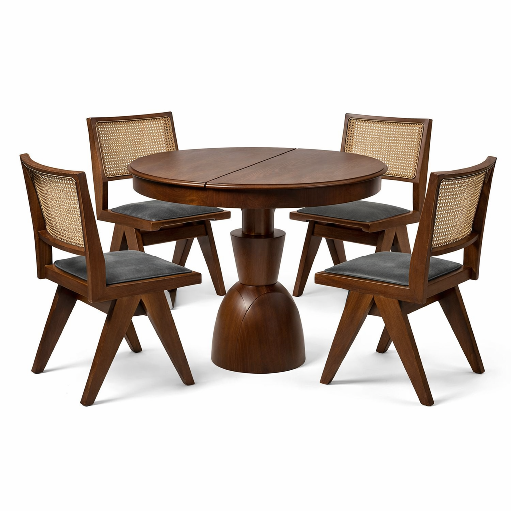 Oscar Konik Açılır Yuvarlak Masa Takımı 100x100 – 100x140 Açılır 4 Sandalyeli Ahşap Yemek Masası