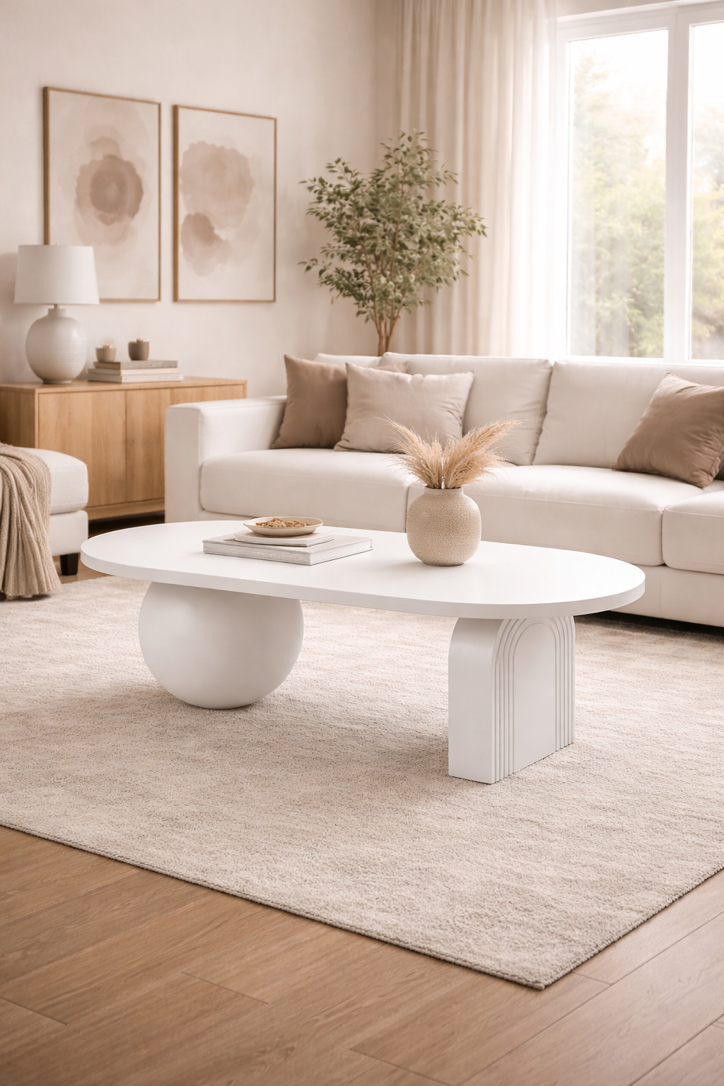Oval Ahşap Orta Sehpa – Modern Çift Ayak Tasarım – 128×80 cm
