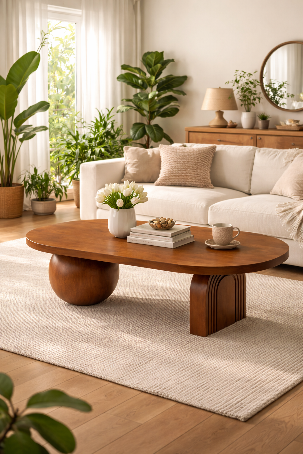 Oval Ahşap Orta Sehpa – Modern Çift Ayak Tasarım – 128×80 cm