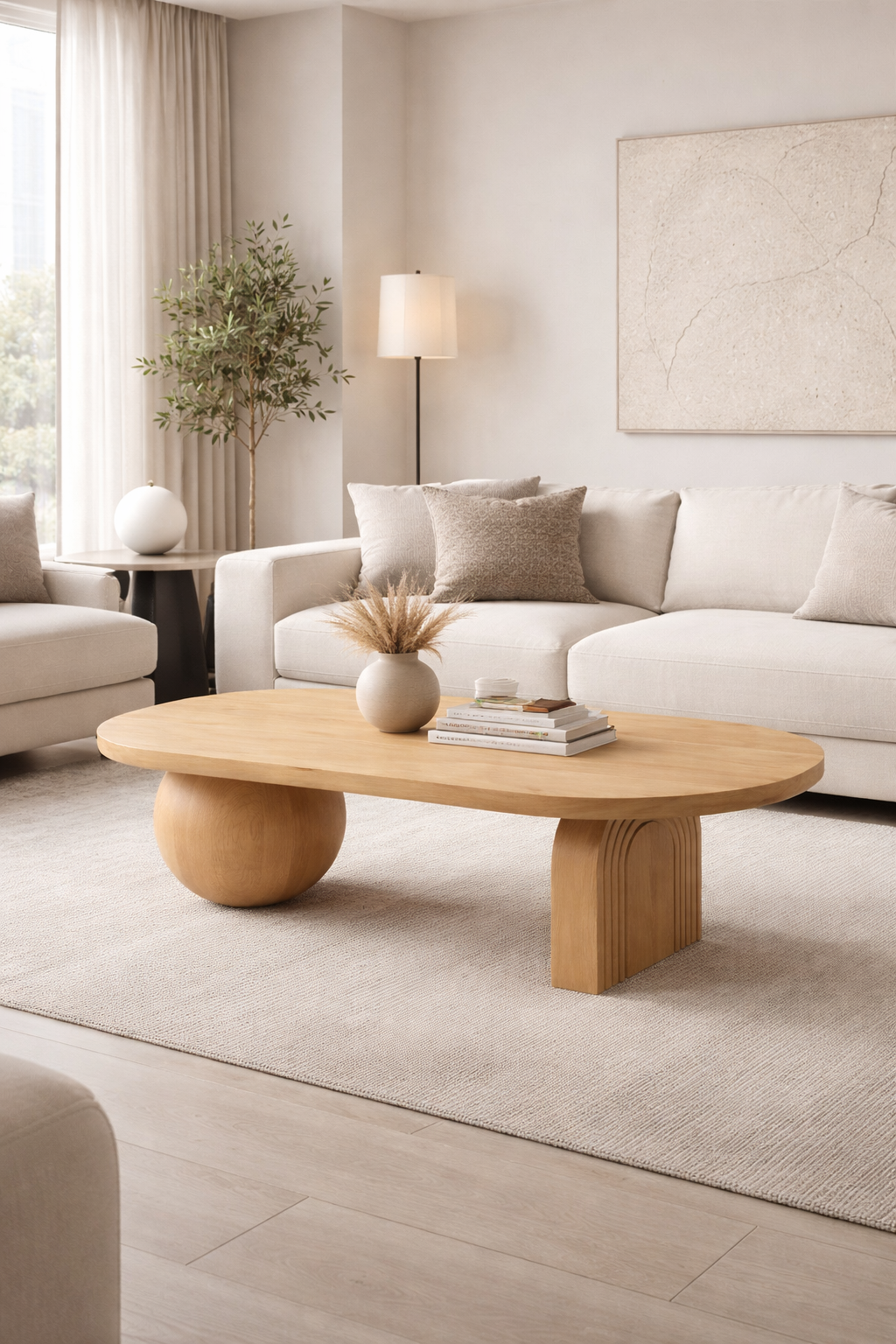 Oval Ahşap Orta Sehpa – Modern Çift Ayak Tasarım – 128×80 cm