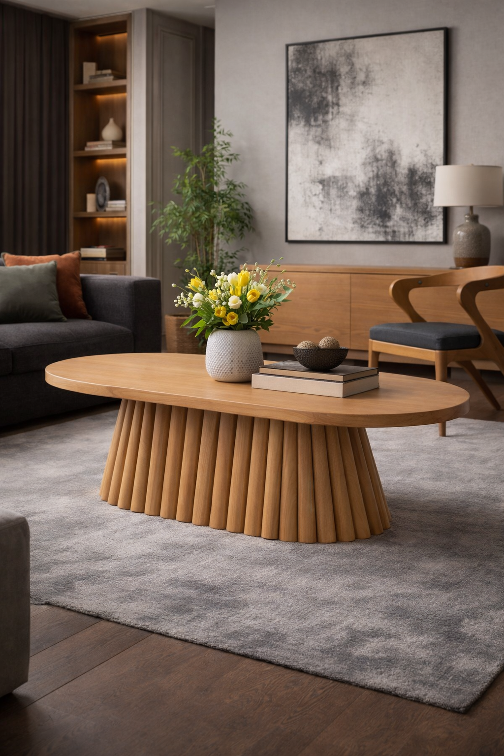 Oval Ahşap Orta Sehpa – Yivli Gövdeli Modern Salon Sehpası – 130 cm
