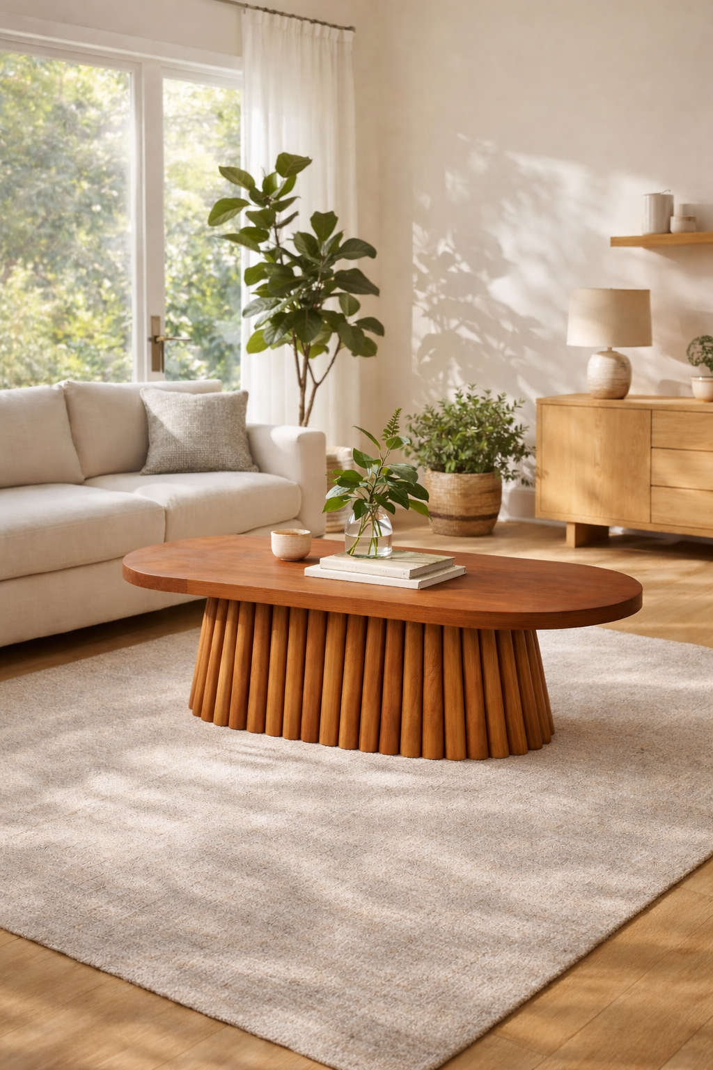 Oval Ahşap Orta Sehpa – Yivli Gövdeli Modern Salon Sehpası – 130 cm
