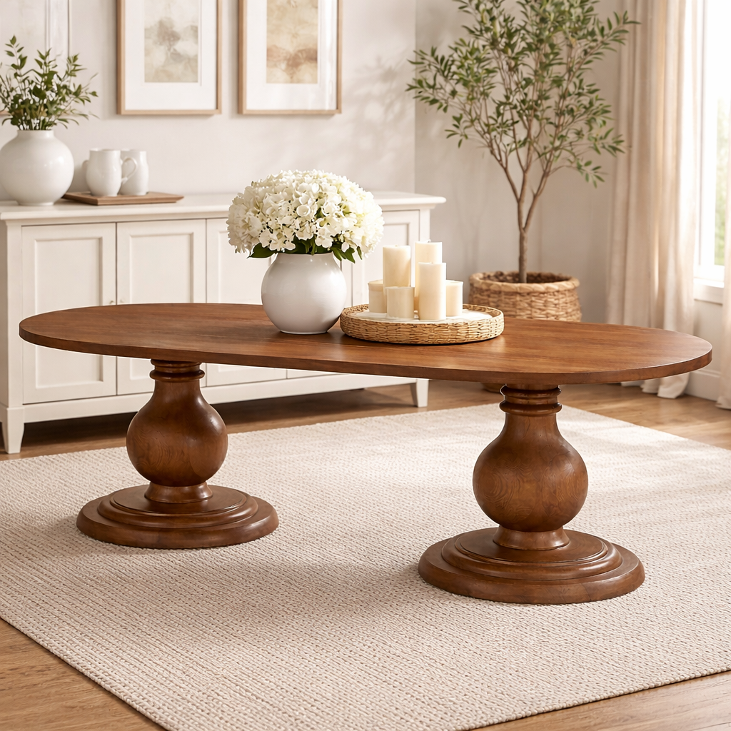 Oval Yemek Masası 200x100 / 240x120 cm – Masif Ayaklı Modern Ahşap Masa Ceviz Beyaz Naturel