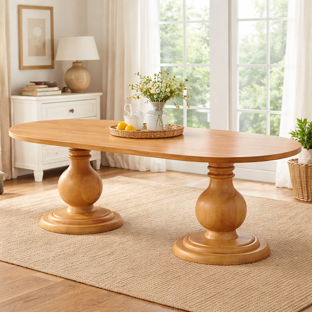 Oval Yemek Masası 200x100 / 240x120 cm – Masif Ayaklı Modern Ahşap Masa Ceviz Beyaz Naturel