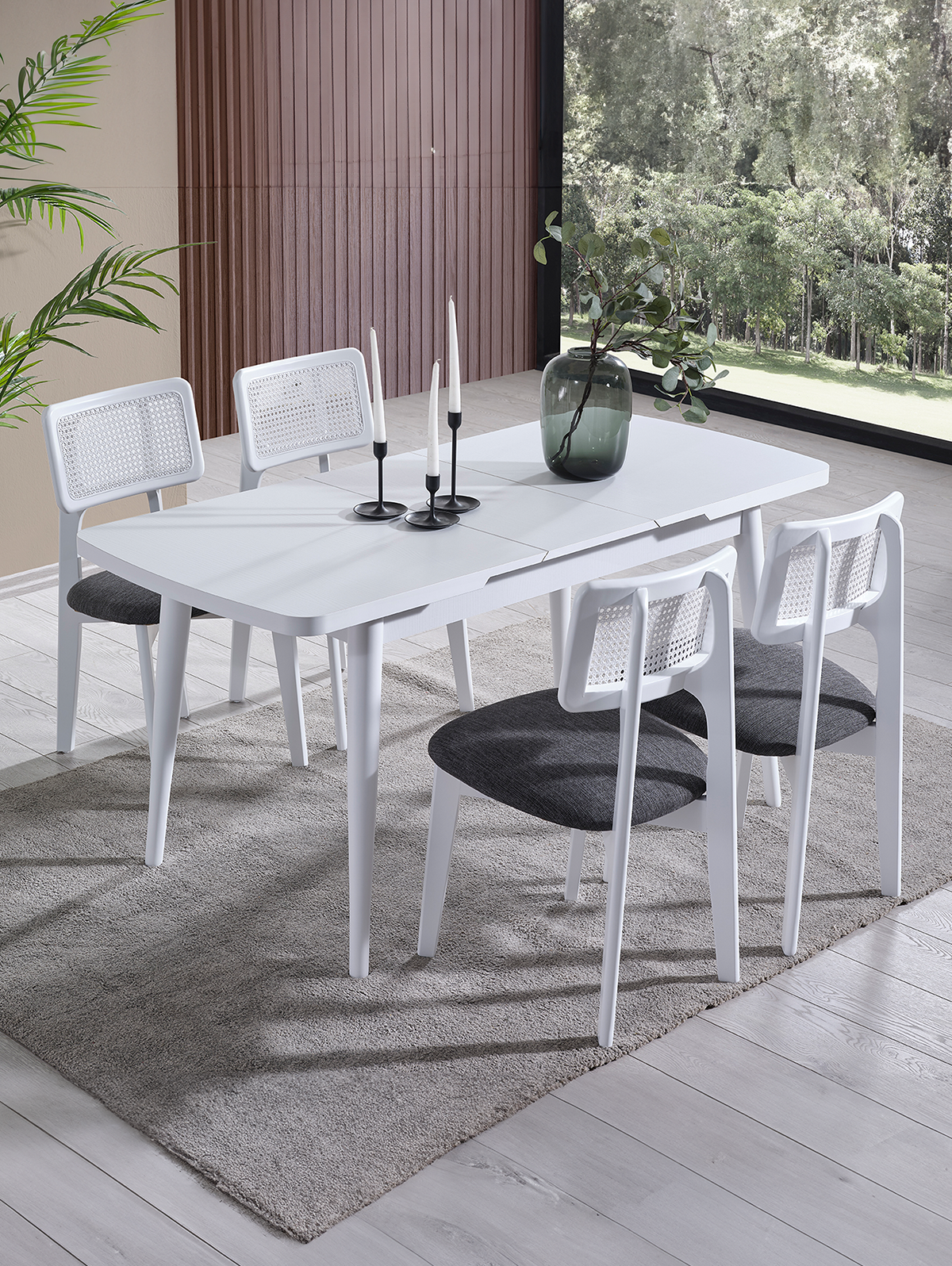 Parla Beyaz Renk Ahşap Dikdörgen Açılır Masa Takımı 127x70 cm - 4 Beyaz Hazeranlı Sandalye Bohem & İskandinav Şık Tasarım