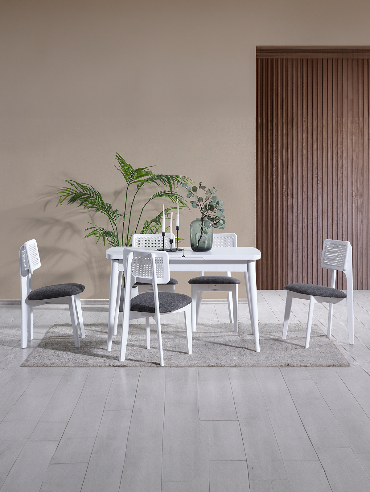 Parla Beyaz Renk Ahşap Dikdörgen Açılır Masa Takımı 127x70 cm - 4 Beyaz Hazeranlı Sandalye Bohem & İskandinav Şık Tasarım