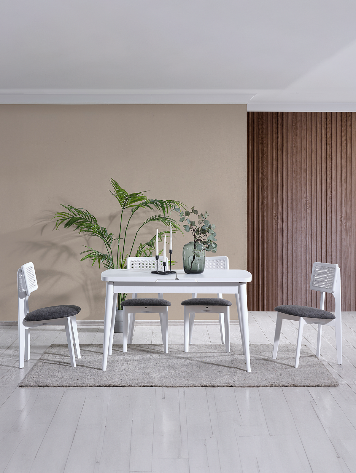 Parla Beyaz Renk Ahşap Dikdörgen Açılır Masa Takımı 127x70 cm - 4 Beyaz Hazeranlı Sandalye Bohem & İskandinav Şık Tasarım