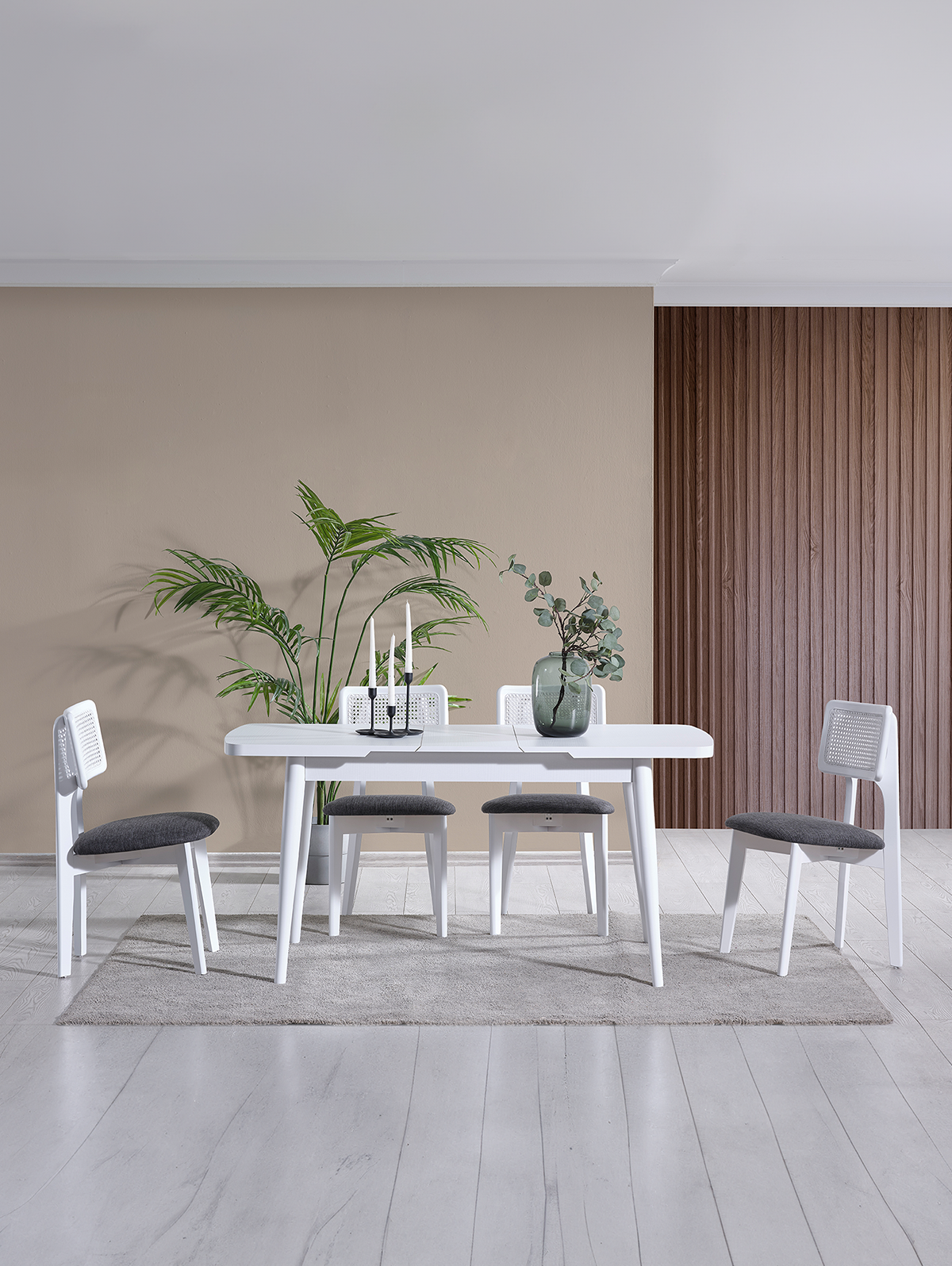 Parla Beyaz Renk Ahşap Dikdörgen Açılır Masa Takımı 127x70 cm - 4 Beyaz Hazeranlı Sandalye Bohem & İskandinav Şık Tasarım