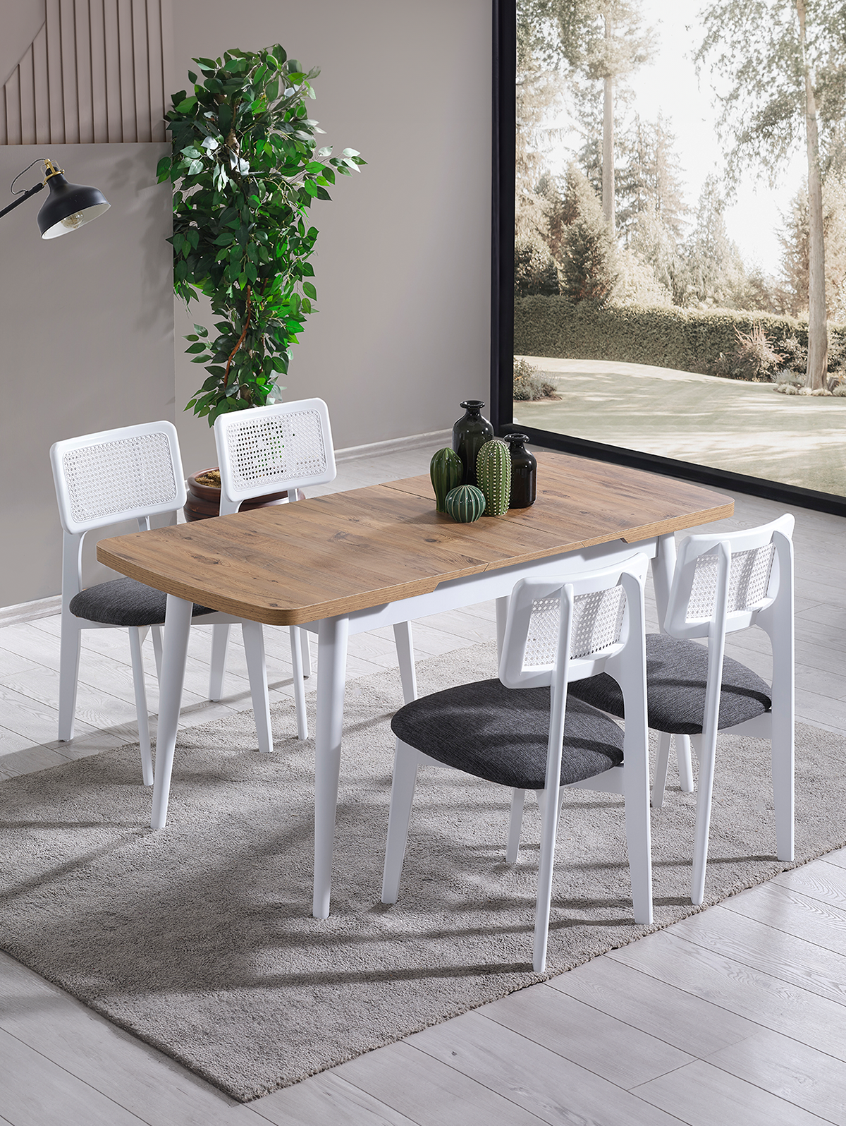 Parla Naturel Tabla Beyaz Ayak Ahşap Dikdörgen Açılır Masa Takımı 120x70 cm - 4 Beyaz Renk Hazeranlı Sandalye Bohem & İskandinav Şık Tasarım