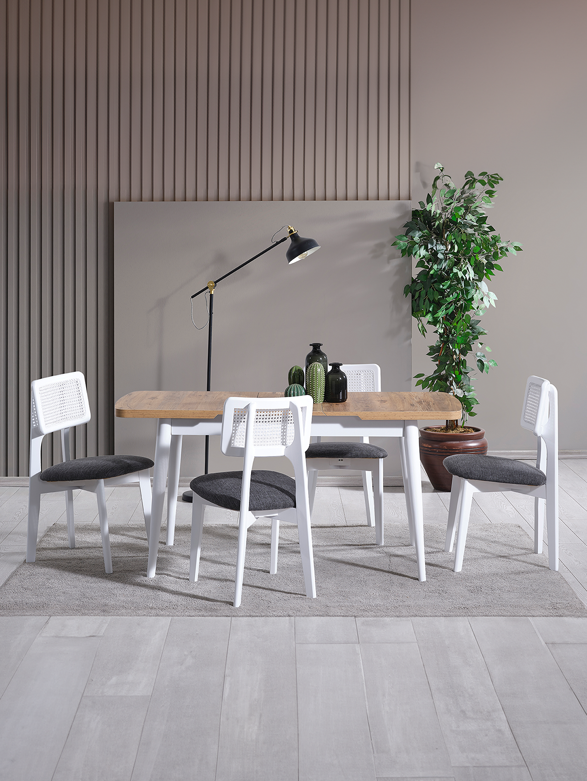 Parla Naturel Tabla Beyaz Ayak Ahşap Dikdörgen Açılır Masa Takımı 120x70 cm - 4 Beyaz Renk Hazeranlı Sandalye Bohem & İskandinav Şık Tasarım