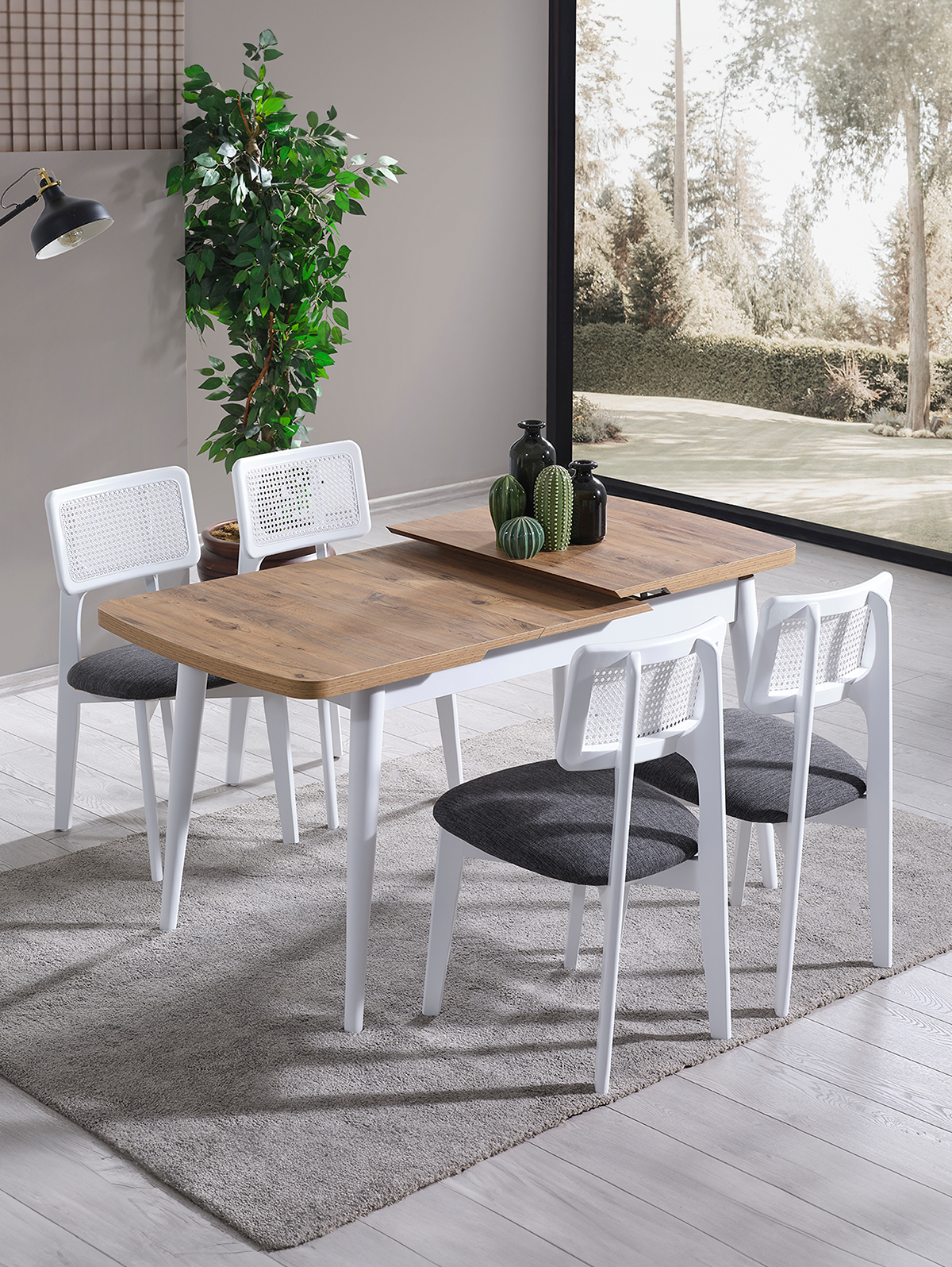 Parla Naturel Tabla Beyaz Ayak Ahşap Dikdörgen Açılır Masa Takımı 120x70 cm - 4 Beyaz Renk Hazeranlı Sandalye Bohem & İskandinav Şık Tasarım