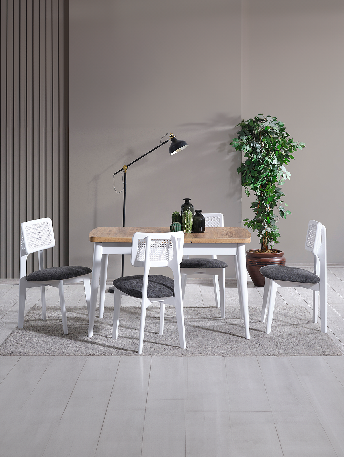 Parla Naturel Tabla Beyaz Ayak Ahşap Dikdörgen Açılır Masa Takımı 120x70 cm - 4 Beyaz Renk Hazeranlı Sandalye Bohem & İskandinav Şık Tasarım