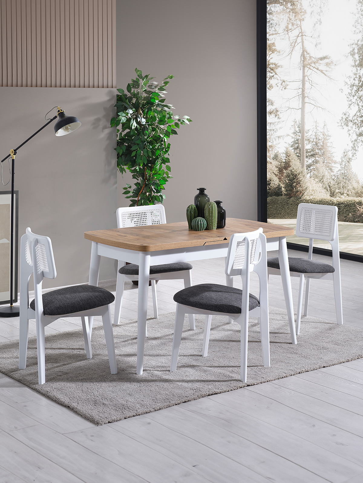 Parla Naturel Tabla Beyaz Ayak Ahşap Dikdörgen Açılır Masa Takımı 120x70 cm - 4 Beyaz Renk Hazeranlı Sandalye Bohem & İskandinav Şık Tasarım