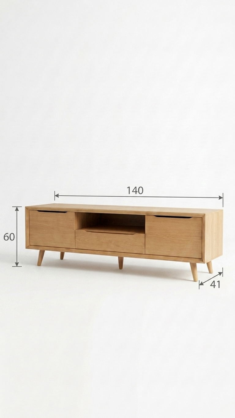 Retro 140 cm TV Sehpası | Kayın Kaplamalı MDF Gövde | Kayın Ahşap Ayak
