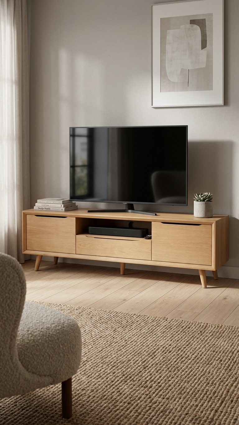 Retro 140 cm TV Sehpası | Kayın Kaplamalı MDF Gövde | Kayın Ahşap Ayak