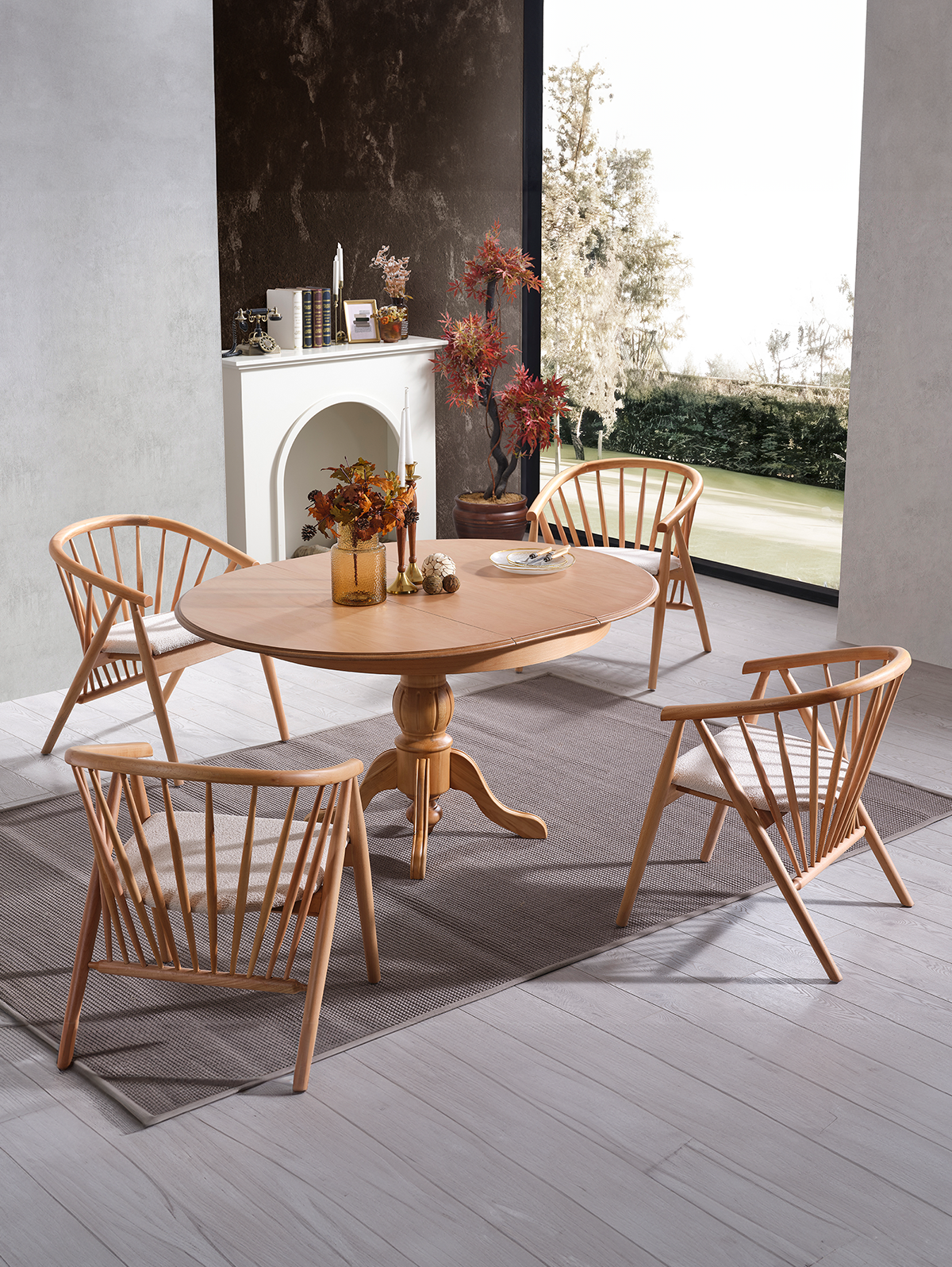 Royal Naturel Renk Ahşap Yuvarlak Açılır Masa Takımı 118x118 cm - 4 Naturel Sandalye Bohem & İskandinav Şık Tasarım