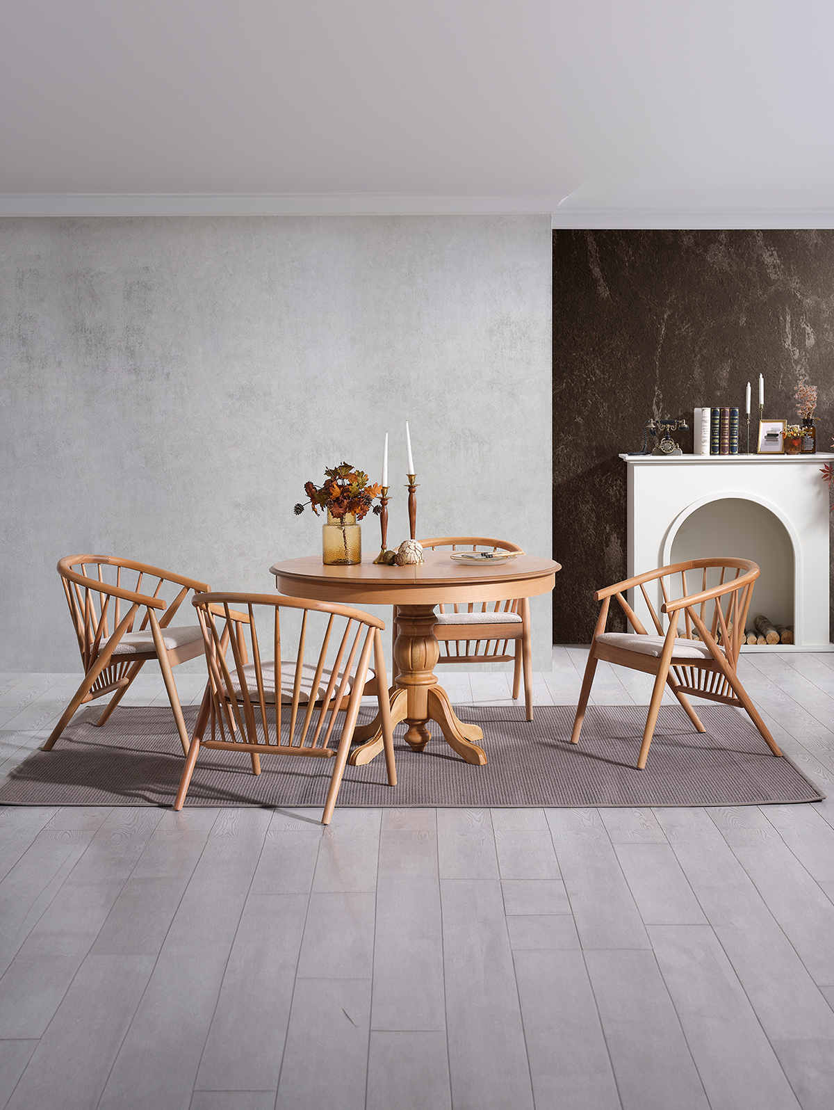 Royal Naturel Renk Ahşap Yuvarlak Açılır Masa Takımı 118x118 cm - 4 Naturel Sandalye Bohem & İskandinav Şık Tasarım