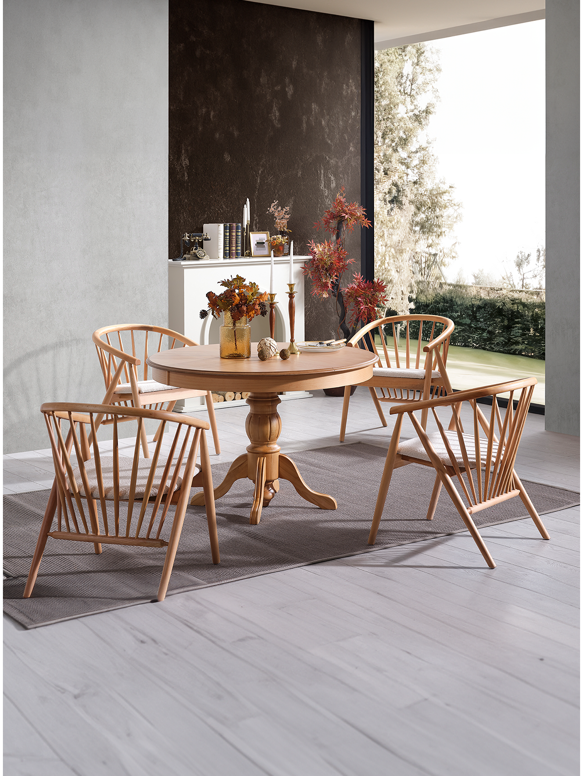 Royal Naturel Renk Ahşap Yuvarlak Açılır Masa Takımı 118x118 cm - 4 Naturel Sandalye Bohem & İskandinav Şık Tasarım