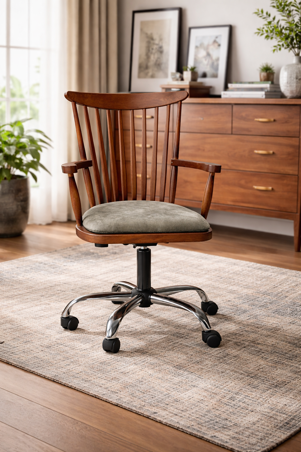 Secreto Doğal Ahşap Ceviz Renk Kolçaklı Döner Çalışma Sandalyesi 55x60x86 Cm - Modern & Şık Tasarım