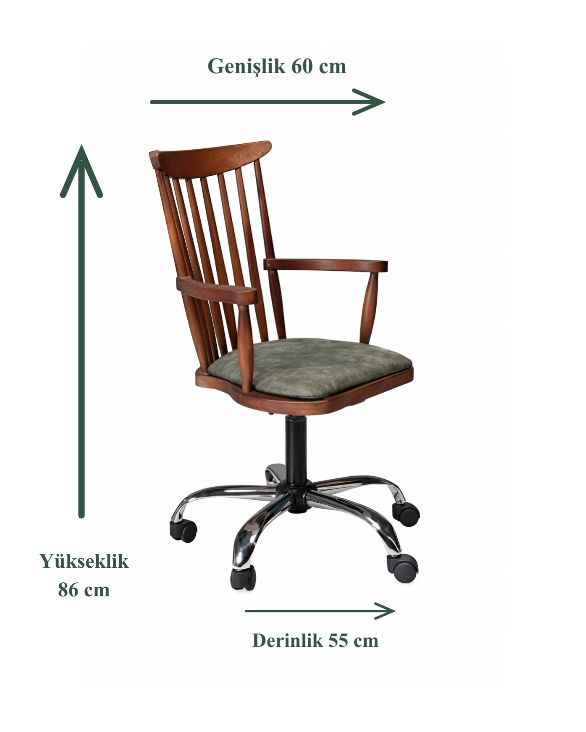 Secreto Doğal Ahşap Ceviz Renk Kolçaklı Döner Çalışma Sandalyesi 55x60x86 Cm - Modern & Şık Tasarım