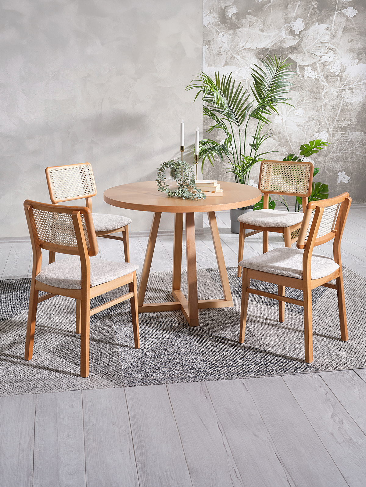 Vera Naturel Renk Yuvarlak Ahşap Masa Takımı 100x100 Cm - 4 Naturel Renk Hazeranlı Sandalye Bohem & İskandinav Şık Tasarım