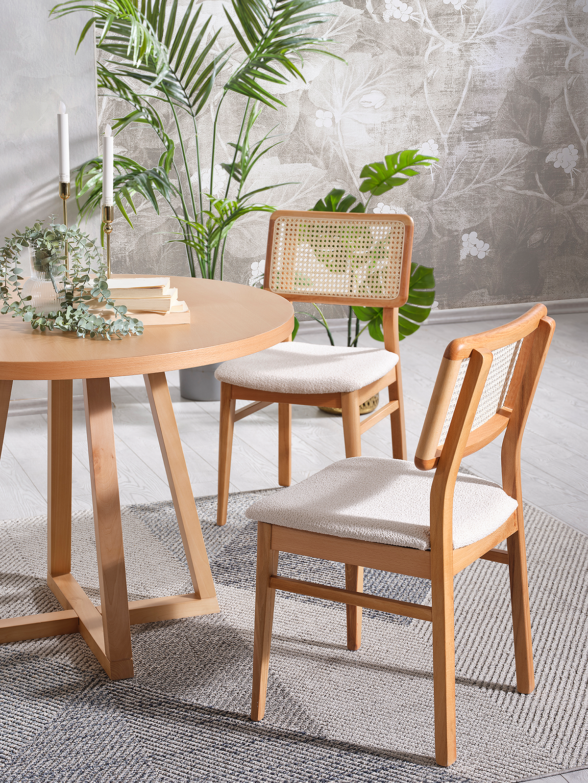 Vera Naturel Renk Yuvarlak Ahşap Masa Takımı 100x100 Cm - 4 Naturel Renk Hazeranlı Sandalye Bohem & İskandinav Şık Tasarım