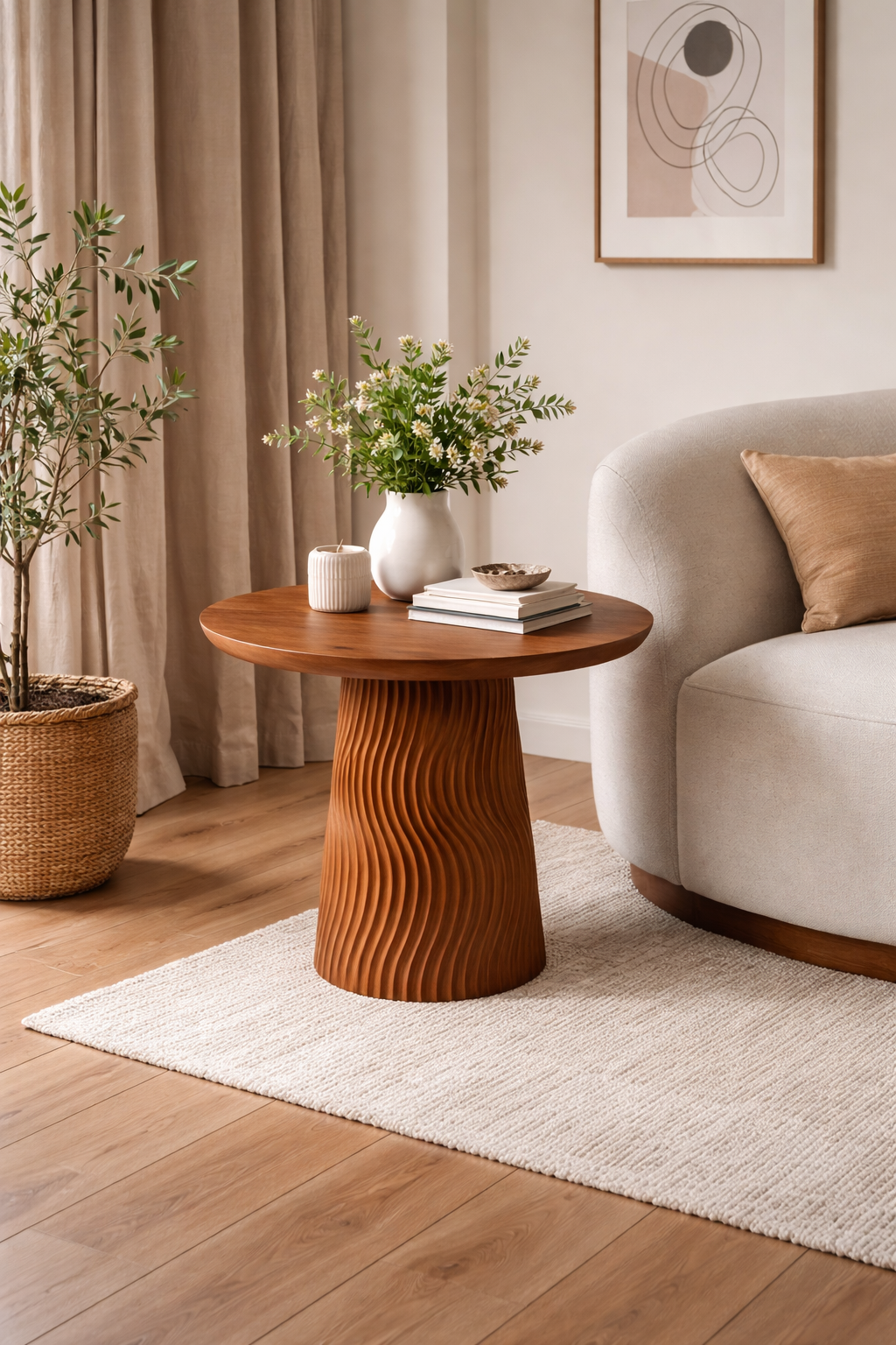 Yuvarlak Ahşap Orta Sehpa – Tek Ayaklı Modern Tasarım