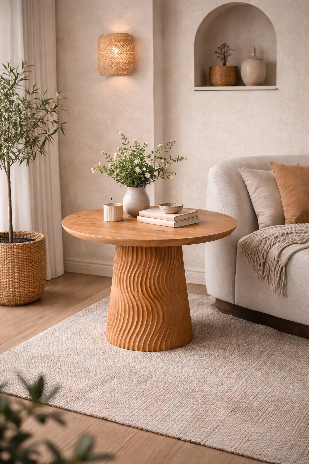 Yuvarlak Ahşap Orta Sehpa – Tek Ayaklı Modern Tasarım