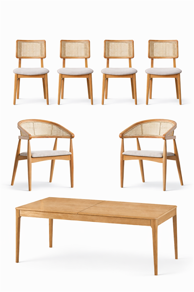  140x85 Açılır Ahşap Masa Takımı - 6 Sandalyeli (2 Kollu + 4 Kolsuz) Doğal Hazeranlı Modern Tasarım | Alberohome Premium Seri
