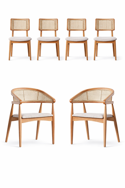  140x85 Açılır Ahşap Masa Takımı - 6 Sandalyeli (2 Kollu + 4 Kolsuz) Doğal Hazeranlı Modern Tasarım | Alberohome Premium Seri