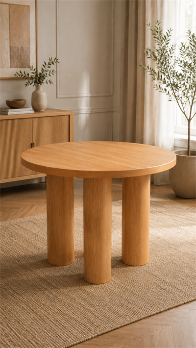 100 cm Yuvarlak Masif Ahşap Ayaklı Meşe Kaplamalı MDF Yemek Masası
