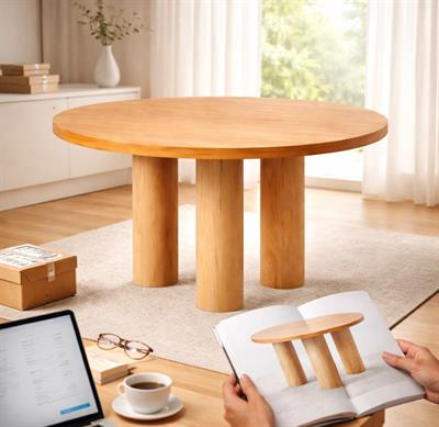 100 cm Yuvarlak Masif Ahşap Ayaklı Meşe Kaplamalı MDF Yemek Masası