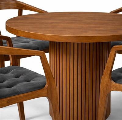 100x100 Yuvarlak Yemek Masası Takımı | Ahşap Kayın Ayaklı Masa + 4 Kapitoneli Kayın Sandalye