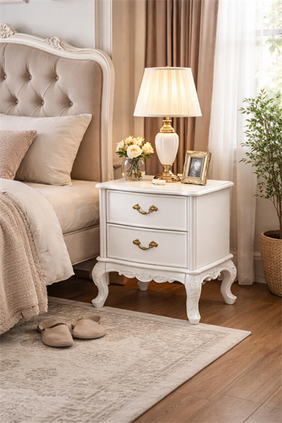 2 Çekmeceli Oymalı Klasik Komodin 50x42x66 cm – Zarif Ayaklı Model