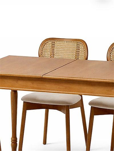 80x120 Açılır Ahşap Yemek Masası Takımı 4 Kişilik – Kayın Ağacı Ayaklı 4 Adet Bambu Hazeranlı Sandalyeli (80x158 Açık)
