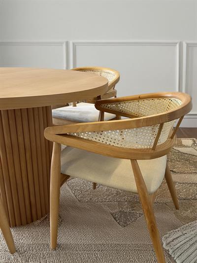 Açelya Naturel Renk Yuvarlak Ahşap Masa Takımı 100x100 Cm - 4 Naturel Renk Hazeranlı Sandalye İskandinav Şık Tasarım