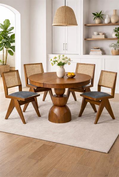 Açılır Kayın Kaplamalı Masa ve Hasırlı Sandalye Takımı (4 Sandalyeli)