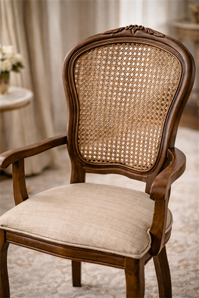 Afore Doğal Ahşap Kayın Ceviz Renk Hazeranlı Kolçaklı Sandalye Detaylı İşçilik Modern Şık Tasarım