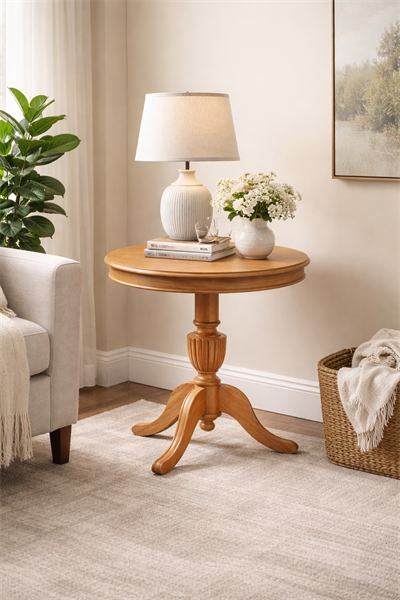Ahşap Fiskos Sehpa – Torna Gövdeli Yuvarlak Salon Sehpası – 70 cm