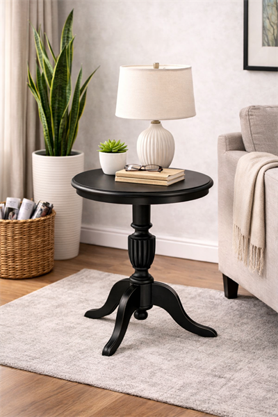 Ahşap Fiskos Sehpa – Üç Ayaklı Torna Detaylı Yuvarlak Sehpa – 70 cm