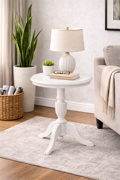 Ahşap Fiskos Sehpa – Üç Ayaklı Torna Detaylı Yuvarlak Sehpa – 70 cm
