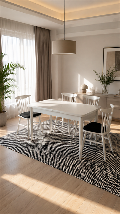 Akasya Ahşap Beyaz Renk Dikdörtgen Açılır Masa Takımı 127x70 Cm - 4 Adet Ahşap Sandalye Bohem & İskandinav Şık Tasarım