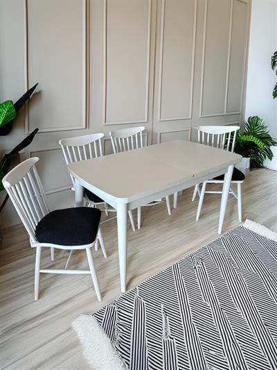 Akasya Ahşap Beyaz Renk Dikdörtgen Açılır Masa Takımı 127x70 Cm - 4 Adet Ahşap Sandalye Bohem & İskandinav Şık Tasarım