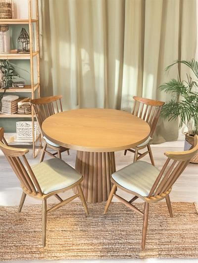 Alaska Ahşap Naturel Renk Yuvarlak Masa Takımı 100x100 Cm - 4 Sandalyeli Bohem & İskandinav Şık Tasarım