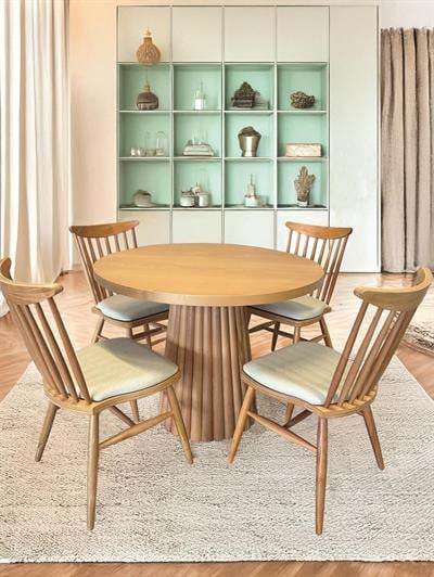 Alaska Ahşap Naturel Renk Yuvarlak Masa Takımı 100x100 Cm - 4 Sandalyeli Bohem & İskandinav Şık Tasarım