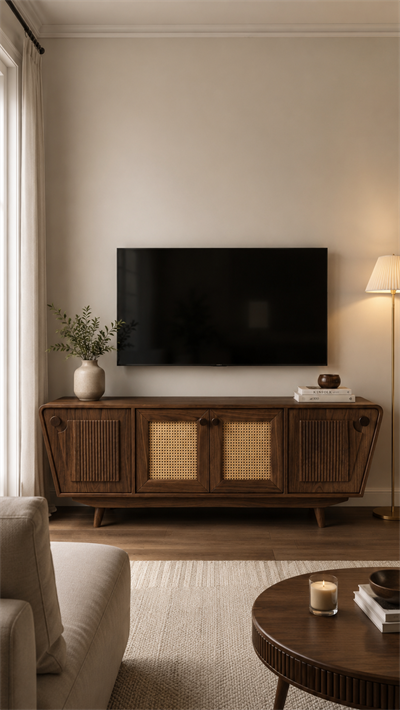 Alberohome Ceviz Renk Hasır Detaylı Modern TV Ünitesi 180 cm