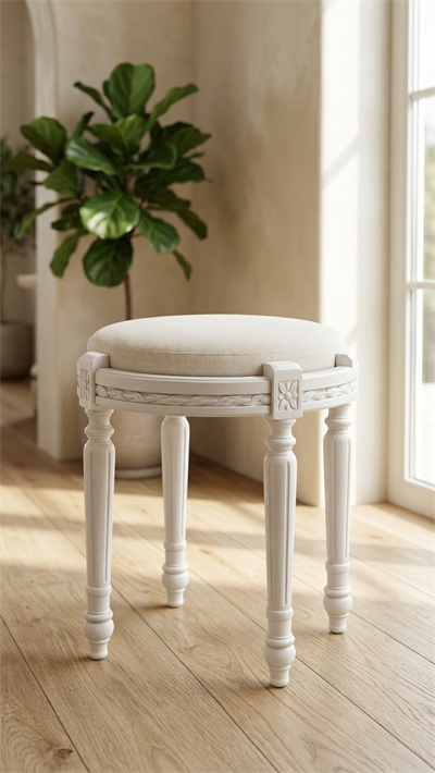 Alberohome Klasik Beyaz Puf Tabure 42 cm Yuvarlak Minderli Ahşap Tabure