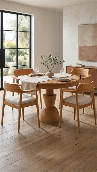 Alberohome Meşe Rengi Yuvarlak Ahşap Yemek Masası Takımı – 4 Kişilik
